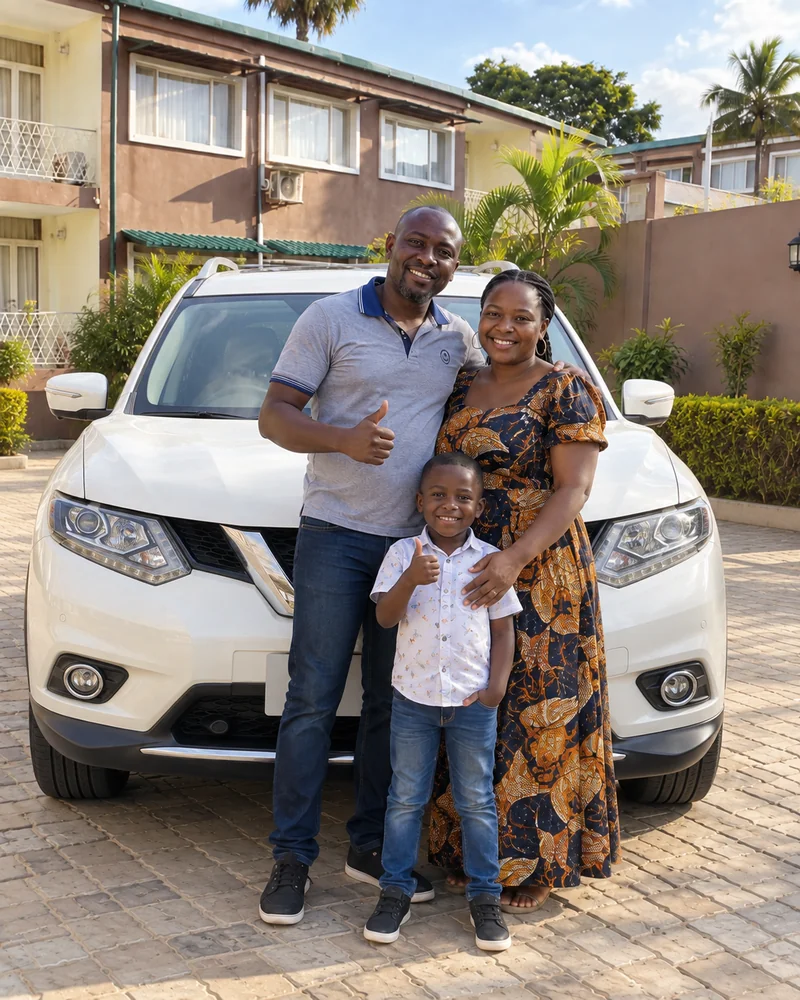 Famille devant un Nissan X-Trail blanc à son domicile