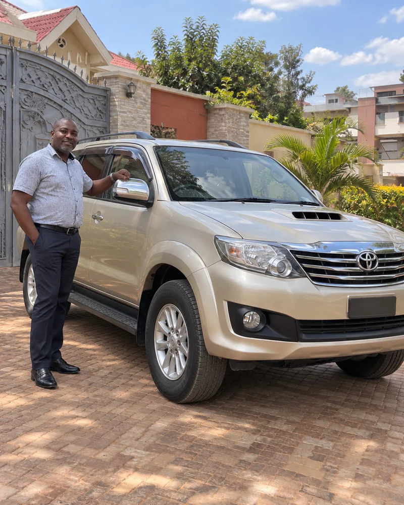 Homme à côté d’un Toyota Fortuner champagne devant une maison à Lubumbashi