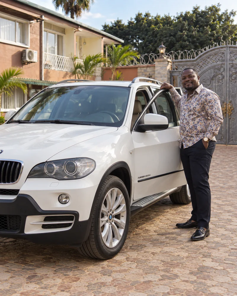 Homme à côté d’un BMW X5 blanc avec la portière ouverte à Lubumbashi